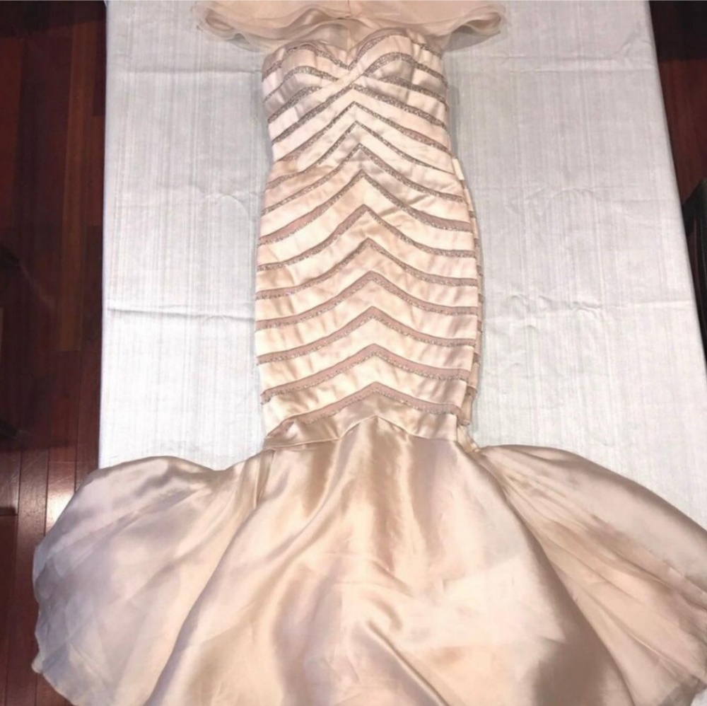 Stephen Yearick blush silk Swarovski gown